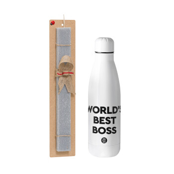 World's best boss, Easter Set, metallic stainless thermos bottle (500ml) & scented flat Easter candle (30cm) (GRAY)