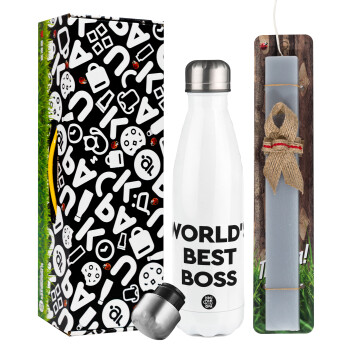 World's best boss, Easter candle, metallic white thermos bottle (500ml) & aromatic flat candle (30cm) (GRAY)
