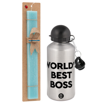 World's best boss, Easter Set, metallic silver aluminum water bottle (500ml) & scented flat Easter candle (30cm) (TURQUOISE)