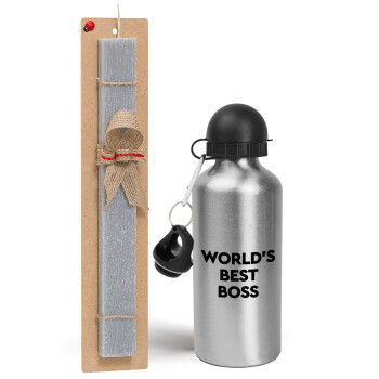 World's best boss, Πασχαλινό Σετ, παγούρι μεταλλικό Ασημένιο αλουμινίου (500ml) & πασχαλινή λαμπάδα αρωματική πλακέ (30cm) (ΓΚΡΙ)