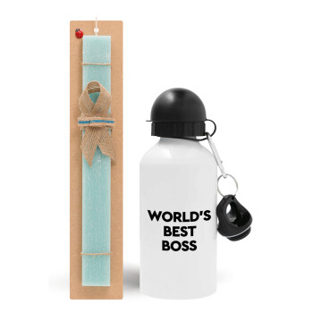 World's best boss, Πασχαλινό Σετ, παγούρι μεταλλικό αλουμινίου (500ml) & λαμπάδα αρωματική πλακέ (30cm) (ΤΙΡΚΟΥΑΖ)