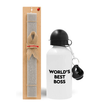 World's best boss, Πασχαλινό Σετ, παγούρι μεταλλικό  αλουμινίου (500ml) & πασχαλινή λαμπάδα αρωματική πλακέ (30cm) (ΓΚΡΙ)