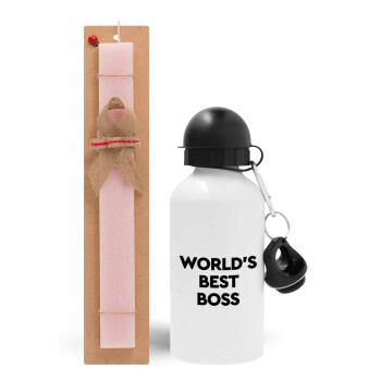 World's best boss, Πασχαλινό Σετ, παγούρι μεταλλικό αλουμινίου (500ml) & πασχαλινή λαμπάδα αρωματική πλακέ (30cm) (ΡΟΖ)