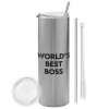 Tumbler stainless steel Silver 600ml, with metal straw & cleaning brush