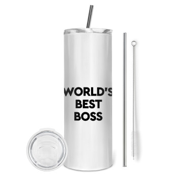 World's best boss, Eco friendly ποτήρι θερμό (tumbler) από ανοξείδωτο ατσάλι 600ml, με μεταλλικό καλαμάκι & βούρτσα καθαρισμού