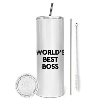 World's best boss, Tumbler ποτήρι θερμό από ανοξείδωτο ατσάλι 600ml, με μεταλλικό καλαμάκι & βούρτσα καθαρισμού