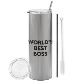 World's best boss, Eco friendly ποτήρι θερμό Ασημένιο (tumbler) από ανοξείδωτο ατσάλι 600ml, με μεταλλικό καλαμάκι & βούρτσα καθαρισμού