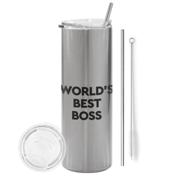 World's best boss, Tumbler ποτήρι θερμό Ασημένιο από ανοξείδωτο ατσάλι 600ml, με μεταλλικό καλαμάκι & βούρτσα καθαρισμού