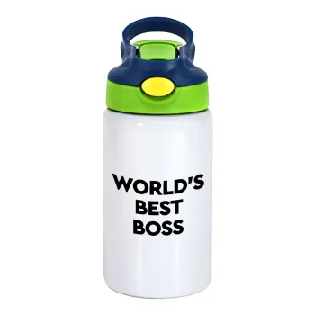 World's best boss, Children's hot water bottle, stainless steel, with safety straw, green, blue (350ml)