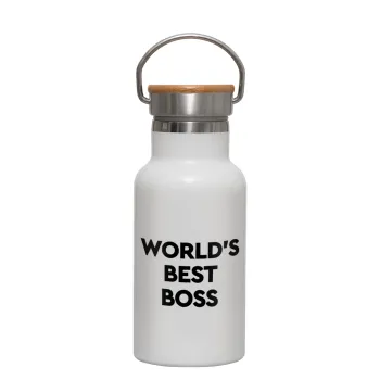 World's best boss, Metallic thermos (Stainless steel) White with wooden lid (bamboo), double-walled, 350ml