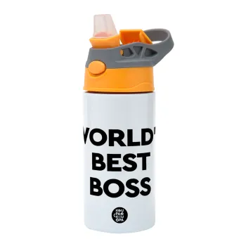 World's best boss, Children's hot water bottle, stainless steel, with safety straw, Orange/Grey (360ml) BPA-FREE