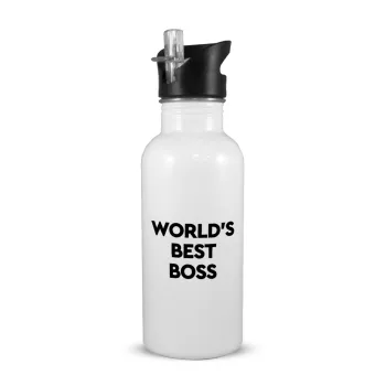World's best boss, White water bottle with straw, stainless steel 600ml