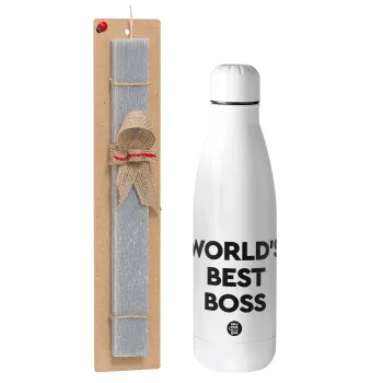 World's best boss, Easter Set, metallic stainless thermos bottle (500ml) & scented flat Easter candle (30cm) (GRAY)