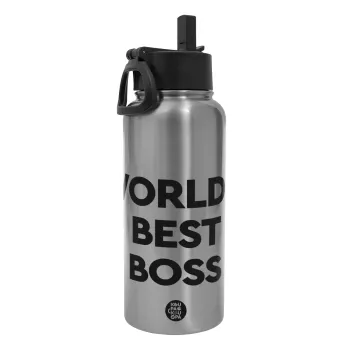 World's best boss, Μεταλλικό παγούρι θερμός Silver με καλαμάκι και χερούλι (Stainless steel), διπλού τοιχώματος, 950ml