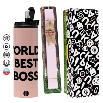 World's best boss, Πασχαλινή Λαμπάδα με  ΡΟΖ Travel Tumbler θερμό (600ml, BPA free) & κερί αρωματικό πλακέ (30cm) (ΡΟΖ)