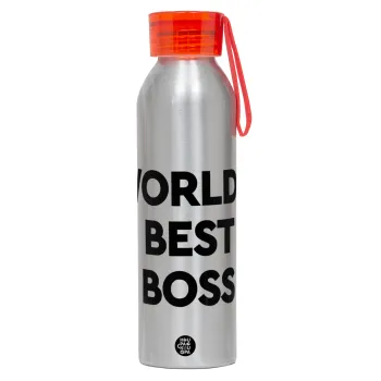 World's best boss, Αλουμινένιο Αθλητικό Μπουκάλι 650ml – Ασημί με Κόκκινο Καπάκι και Λουράκι Σιλικόνης