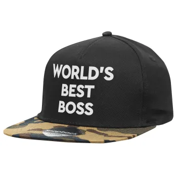 World's best boss, Adult Flat Snapback Hat Black/Camouflage, (100% COTTON TWILL, ADULT, UNISEX, ONE SIZE)
