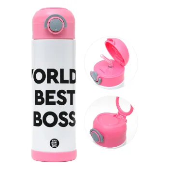 World's best boss, Παιδικό παγούρι θερμό, ανοξείδωτο, με καλαμάκι ασφαλείας, ΡΟΖ (500ml)