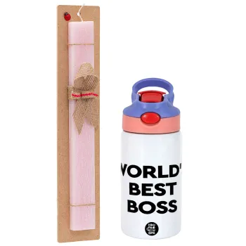 World's best boss, Easter Set, Children's thermal stainless steel water bottle with safety straw, pink/purple (350ml) & Easter scented flat candle (30cm) (PINK)