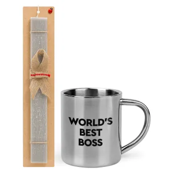 World's best boss, Πασχαλινή Λαμπάδα με μεταλλική κούπα θερμό (300ml) & κερί αρωματικό πλακέ (30cm) (ΓΚΡΙ)