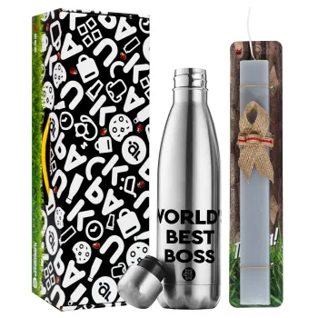 World's best boss, Easter Set, metallic stainless thermos flask (500ml) & scented flat Easter candle (30cm) (GRAY)