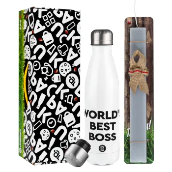 World's best boss, Easter candle, metallic white thermos bottle (500ml) & aromatic flat candle (30cm) (GRAY)
