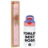 Easter Set, Children's thermal stainless steel water bottle with safety straw, pink/purple (350ml) & Easter scented flat candle (30cm) (PINK)