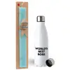 Easter Set, metallic stainless steel water bottle (750ml) & aromatic flat Easter candle (30cm) (TURQUOISE)