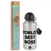 Easter Set, metallic silver aluminum water bottle (500ml) & scented flat Easter candle (30cm) (TURQUOISE)