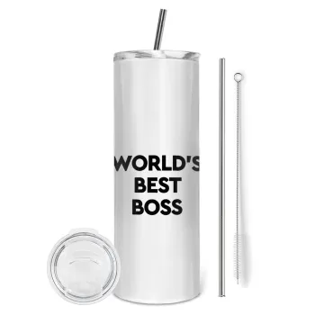 World's best boss, Tumbler ποτήρι θερμό από ανοξείδωτο ατσάλι 600ml, με μεταλλικό καλαμάκι & βούρτσα καθαρισμού