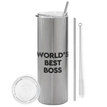 World's best boss, Tumbler ποτήρι θερμό Ασημένιο από ανοξείδωτο ατσάλι 600ml, με μεταλλικό καλαμάκι & βούρτσα καθαρισμού