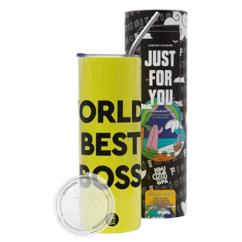 World's best boss, Neon Yellow Travel Tumbler θερμό, μεταλλικό καλαμάκι(Ανωξείδωτο 304 Food grade, BPA free, 600ml)