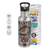 Water bottle Silver with straw, stainless steel 600ml