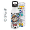 White water bottle with straw, stainless steel 600ml