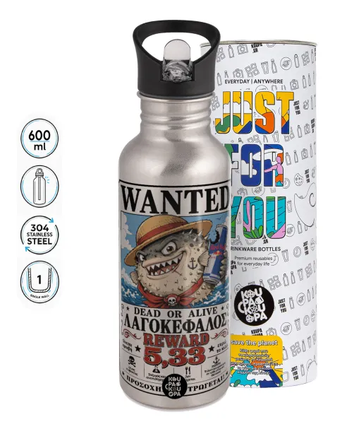 Λαγοκέφαλος Wanted Dead or Alive — Water bottle Silver with straw, stainless steel 600ml