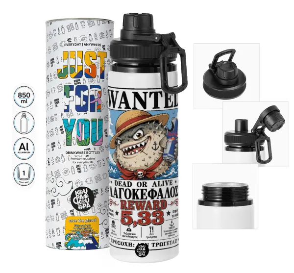 Λαγοκέφαλος Wanted Dead or Alive — Metal water bottle with safety cap, aluminum 850ml