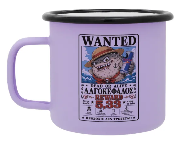 Λαγοκέφαλος Wanted Dead or Alive — Metal enamel mug, matte light pastel purple, 360ml