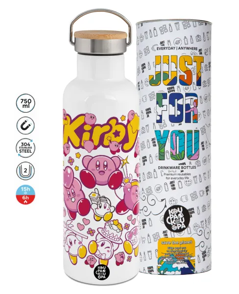 kirby — Μεταλλικό παγούρι θερμός (Stainless steel) Λευκό με ξύλινο καπάκι (bamboo), διπλού τοιχώματος, 750ml