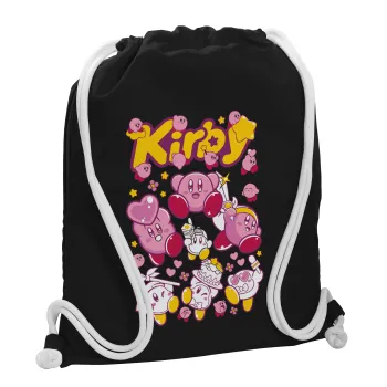 kirby, Τσάντα πλάτης πουγκί GYMBAG Μαύρη, με τσέπη (40x48cm) & χονδρά λευκά κορδόνια