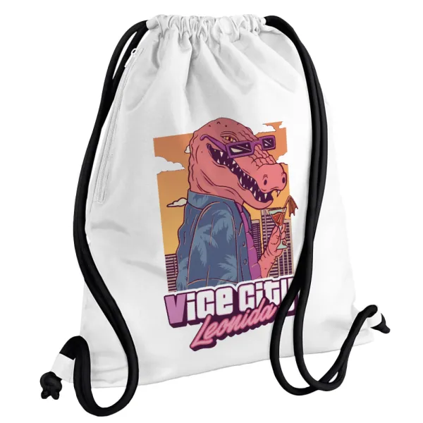 Vice City Leonida — Backpack pouch GYMBAG white, with pocket (40x48cm) & thick cords