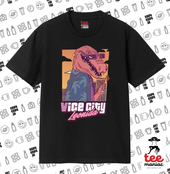 Vice City Leonida — ΜΑΥΡΟ Κλασικό T-Shirt, διπλής ραφής, χωρίς πλευρικές ραφές από 100% βαμβάκι. Vegan & OEKO-TEX πιστοποιημένο.