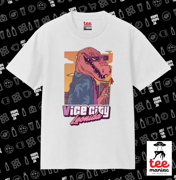 Vice City Leonida — ΛΕΥΚΟ Κλασικό T-Shirt, διπλής ραφής, χωρίς πλευρικές ραφές από 100% βαμβάκι. Vegan & OEKO-TEX πιστοποιημένο.