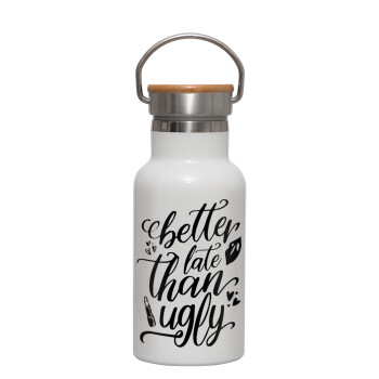 Better late than ugly, Metallic thermos (Stainless steel) White with wooden lid (bamboo), double-walled, 350ml