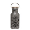 Stainless steel metallic thermos flask, silver with a bamboo lid, double-walled, 350ml.
