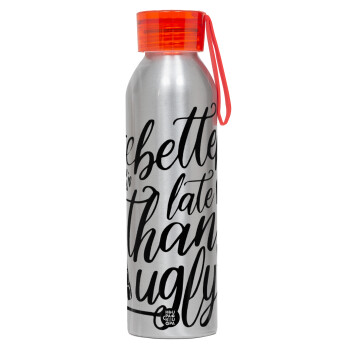 Better late than ugly, Aluminum Sports Bottle 650ml – Silver with Red Cap and Silicone Strap