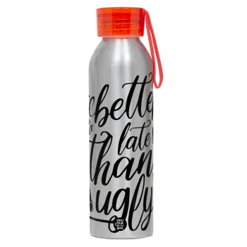 Better late than ugly, Αλουμινένιο Αθλητικό Μπουκάλι 650ml – Ασημί με Κόκκινο Καπάκι και Λουράκι Σιλικόνης