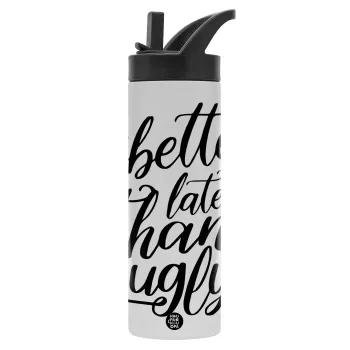 Better late than ugly, Μεταλλικό παγούρι θερμός με καλαμάκι & χειρολαβή, ανοξείδωτο ατσάλι (Stainless steel 304), διπλού τοιχώματος, 600ml