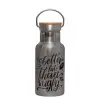 Stainless steel metallic thermos flask, silver with a bamboo lid, double-walled, 350ml.