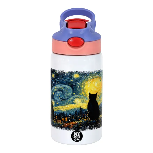 Starry Night Cat — Παιδικό παγούρι θερμό, ανοξείδωτο, με καλαμάκι ασφαλείας, ροζ/μωβ (350ml)