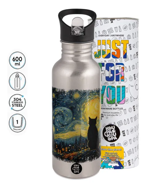 Black Cat — Water bottle Silver with straw, stainless steel 600ml